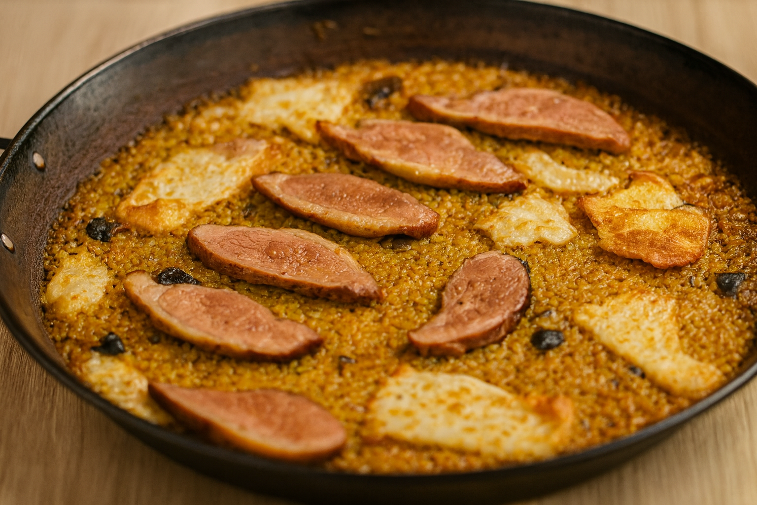 Paella de presa ibérica y queso ahumado