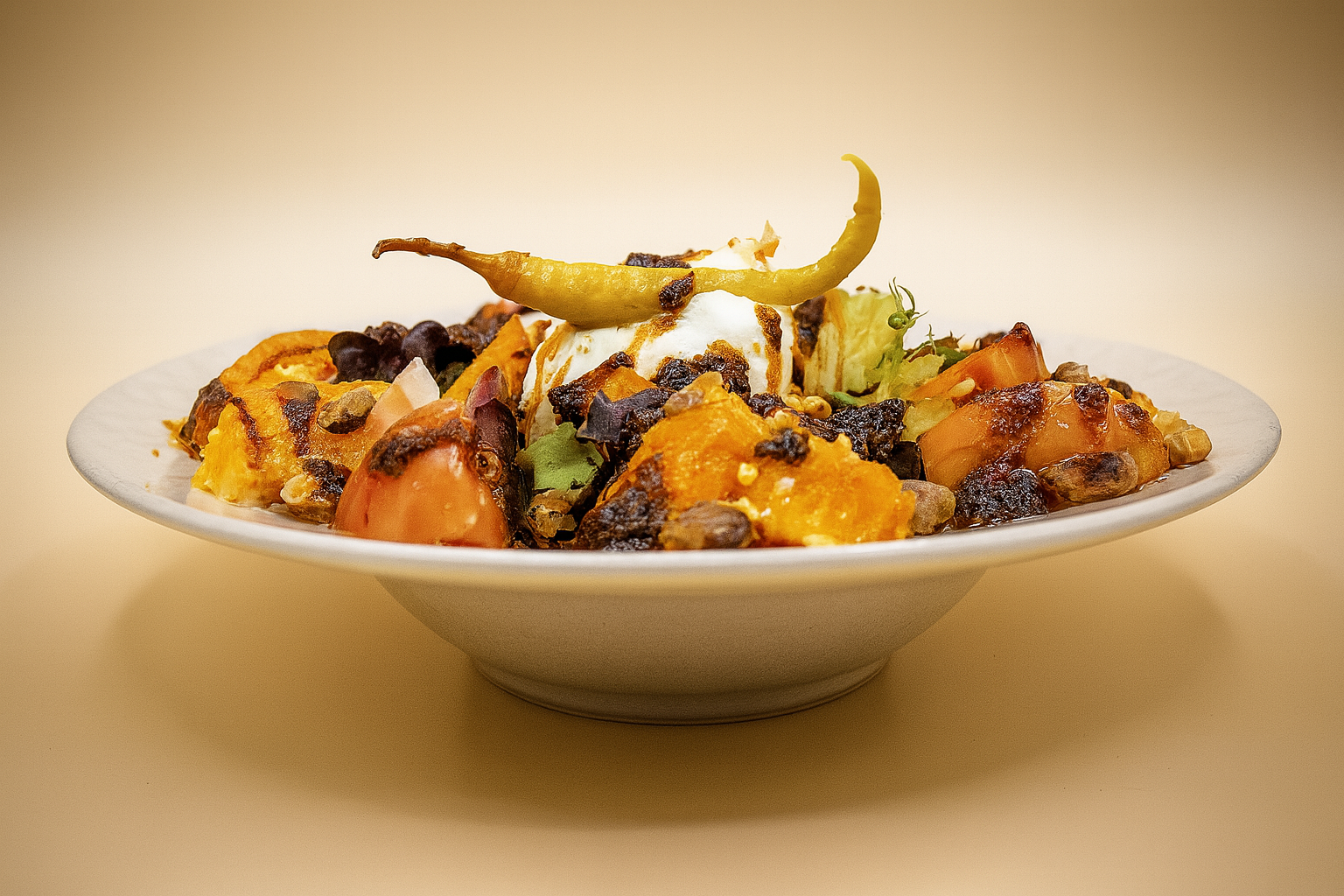 ensalada de burrata, pesto rojo, y frutos de temporada