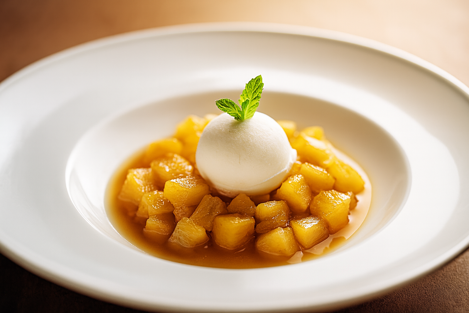 piña escabechada con helado de coco